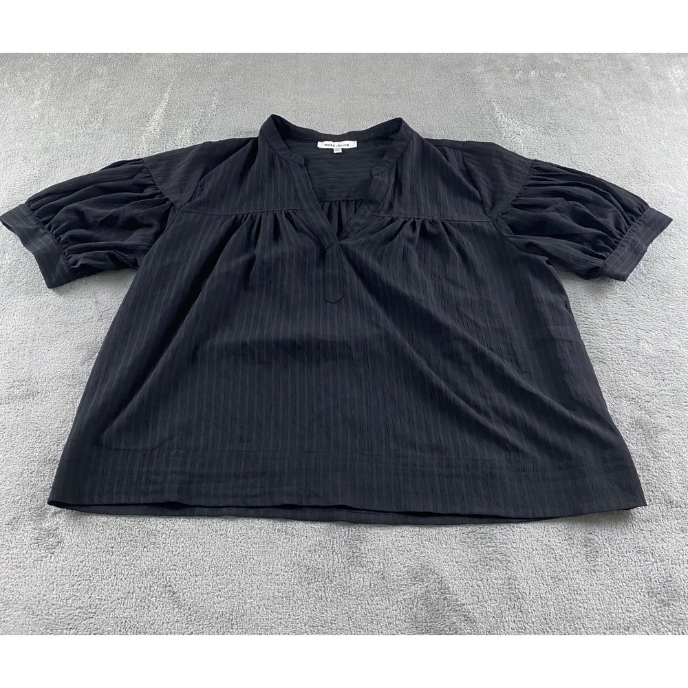 Rose + Olive Black Textured Stripe Split V-Neck Puff Sleeve Blouse XL Mens